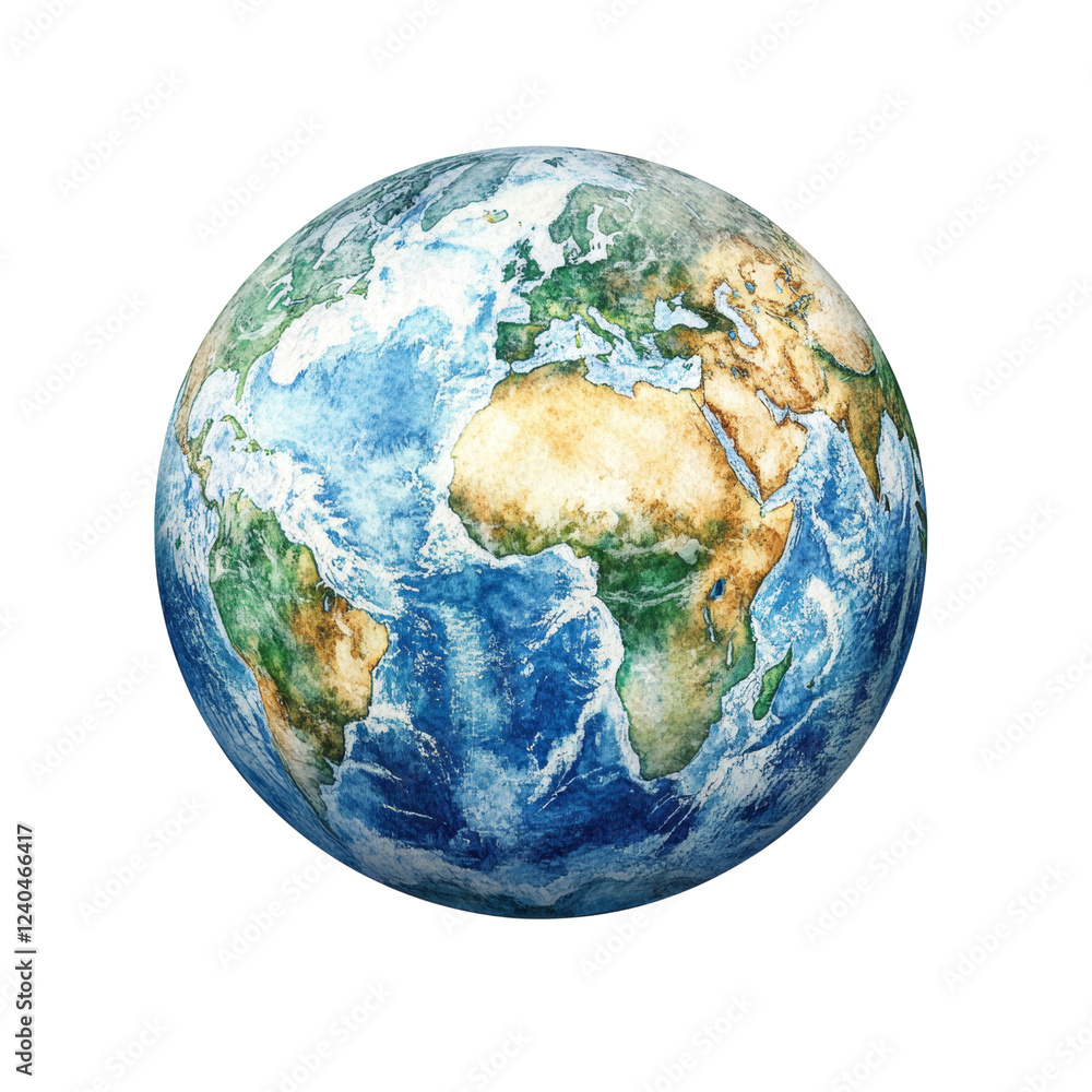 Obraz premium A detailed watercolor painting depicts a realistic representation of planet Earth from space showcasing continents and oceans.