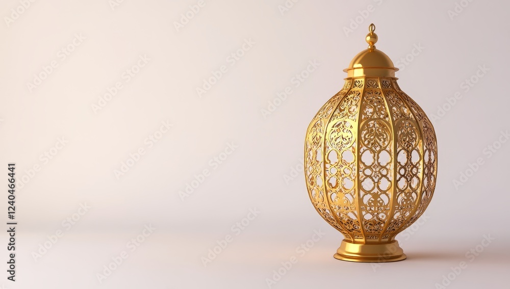 Golden Ramadan lantern, studio shot, Islamic design, beige background, festive decor Golden Ramadan lantern, studio shot, Islamic design, beige background, festive decor