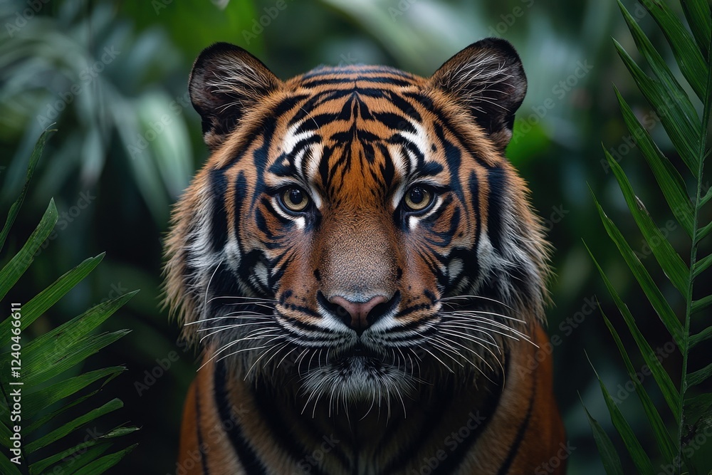 Naklejka premium Majestic Tiger Roaming in a Lush Jungle Setting - Ideal for Wildlife Conservation Promotions