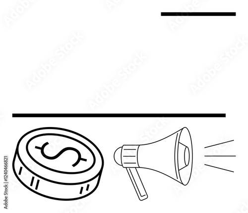 Coin with dollar sign next to megaphone emitting sound waves. Ideal for financial communication, marketing strategies, economic news, advertising, promotions, public announcements, educational