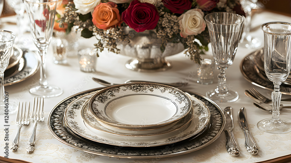dinner table setting with polished silver cutlery, fine china, and crystal wine glasses, accented with a centerpiece of roses dinner table setting with polished silver cutlery, fine china, and crystal wine glasses, accented with a centerpiece of roses