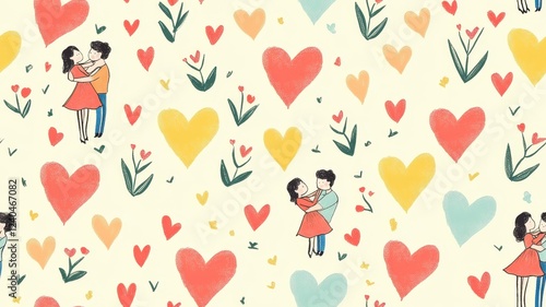 Sweet valentine couple red theme seamless pattern. A playful pattern featuring couples in love with colorful hearts and flowers, perfect for romantic themes and designs.