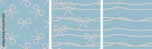 Anchor rope with bows vector seamless patterns in retro style. Sea backgrounds for textile, wrapping, package, scrapbooking. Fisherman aesthetic collection.