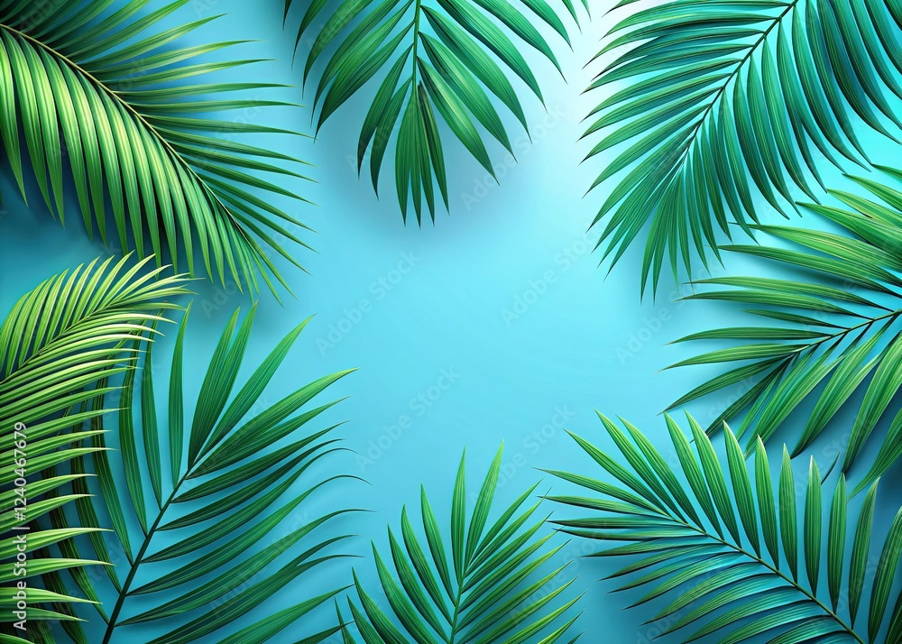 Naklejka premium Lush Tropical Palm Leaves on Vibrant Blue Background - Summer Design Element