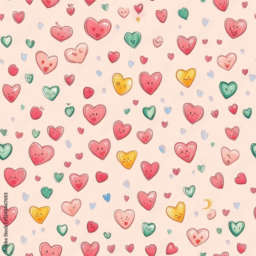 Sweet valentine couple red theme seamless pattern. A whimsical pattern featuring colorful hearts with smiling faces, set against a soft pastel background, perfect for celebrating love and joy. Sweet valentine couple red theme seamless pattern. A whimsical pattern featuring colorful hearts with smiling faces, set against a soft pastel background, perfect for celebrating love and joy.