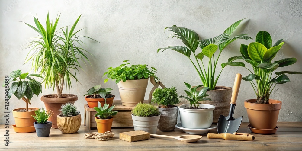 Minimalist Home Gardening: Potted Plants & Tools on Light Background Minimalist Home Gardening: Potted Plants & Tools on Light Background