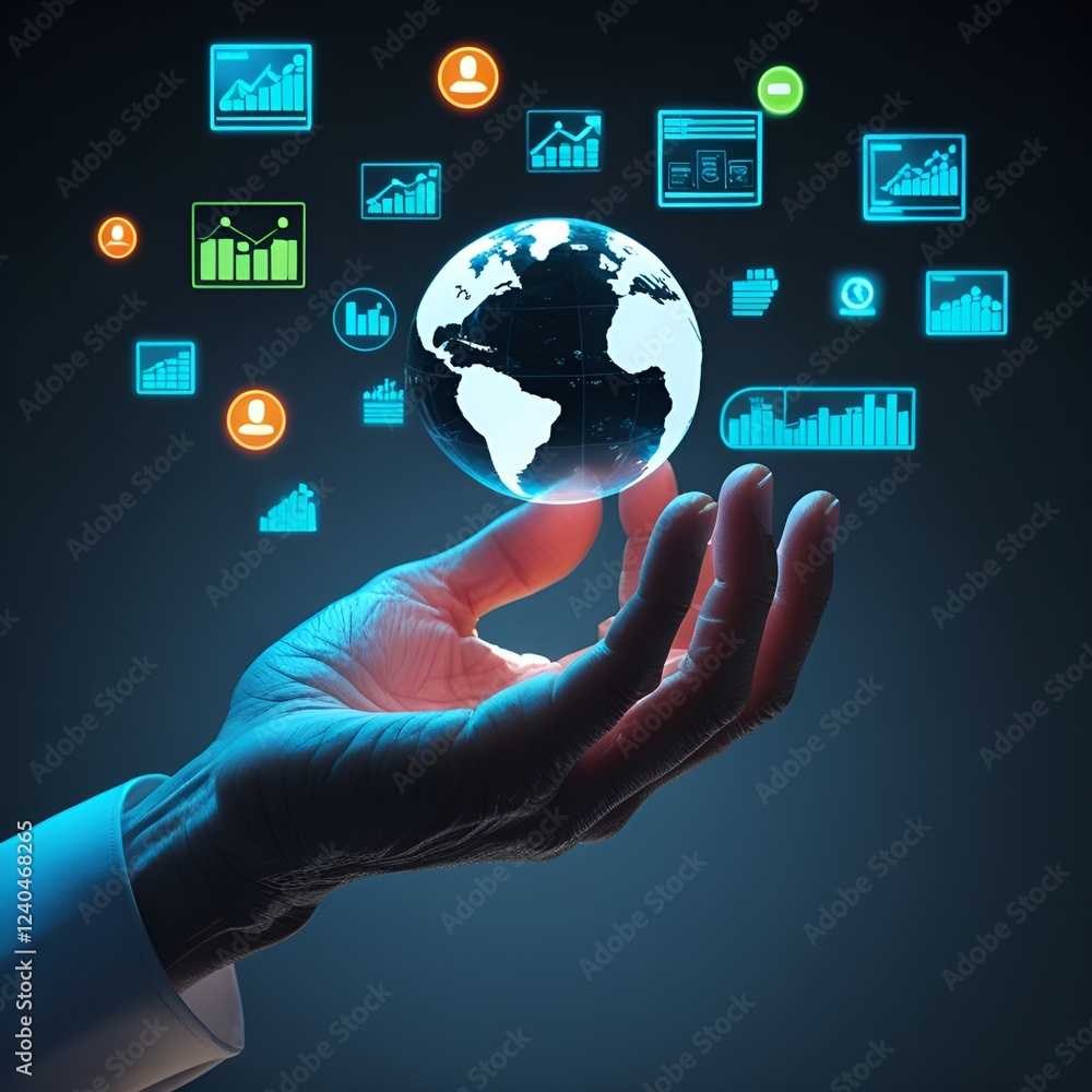 The image depicts a person holding digital icons for risk management and assessment, symbolizing business strategy and control on a dark background.