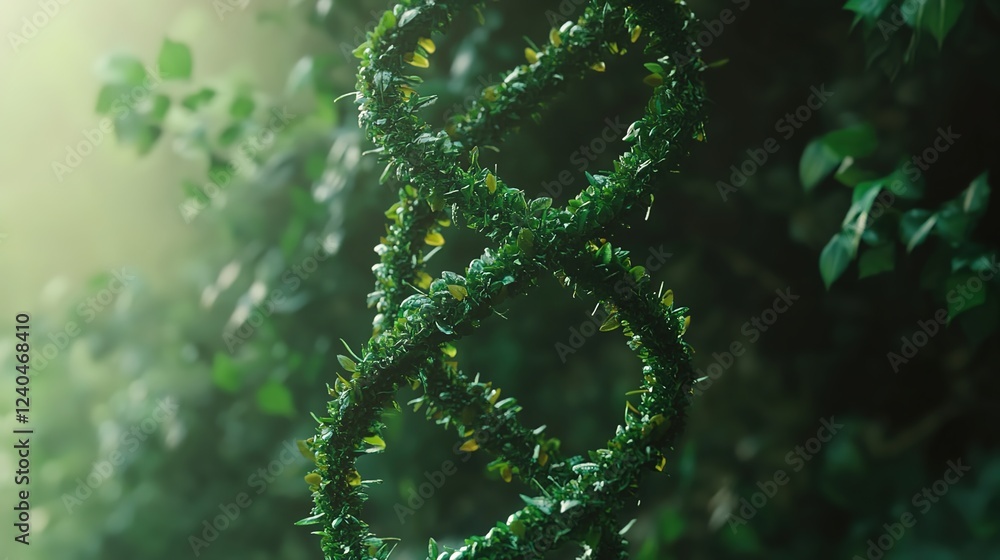 A DNA double helix made of green leaves and plants, symbolizing the connection between nature's intricate detail. Cinematic lighting, a green background