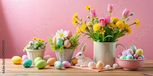 Wallpaper Mural Pastel Easter Eggs & Spring Flowers Flat Lay on Pink Desk Torontodigital.ca
