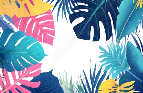 Colorful tropical leaves frame, white space, summer design, template photo