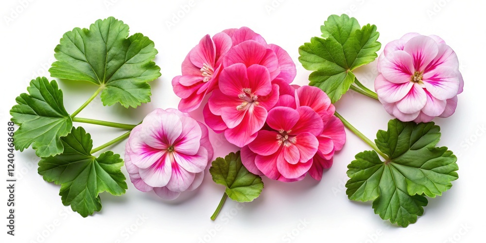 Obraz premium Pink Geranium Flowers & Leaves Isolated on White Background - Summer Garden Banner