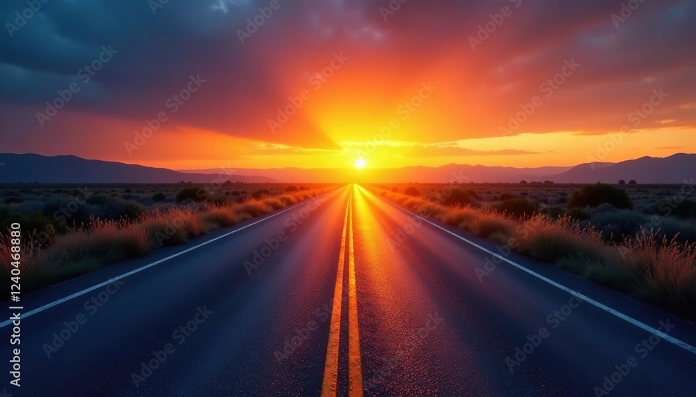 Naklejka premium Sunset on a calm road with a single yellow top light illuminated background, asphalt, glow