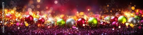 Vibrant Christmas Ornaments and Festive Lights on Glittering Surface - Sparkling Holiday Decorations for Celebrations and Seasonal Ambiance photo