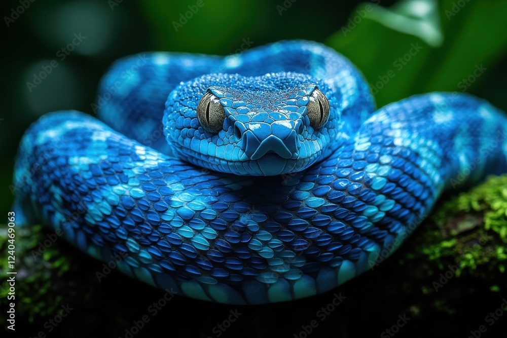 Fototapeta premium Vibrant Blue Viper Coiled on Mossy Branch in Lush Jungle Environment.