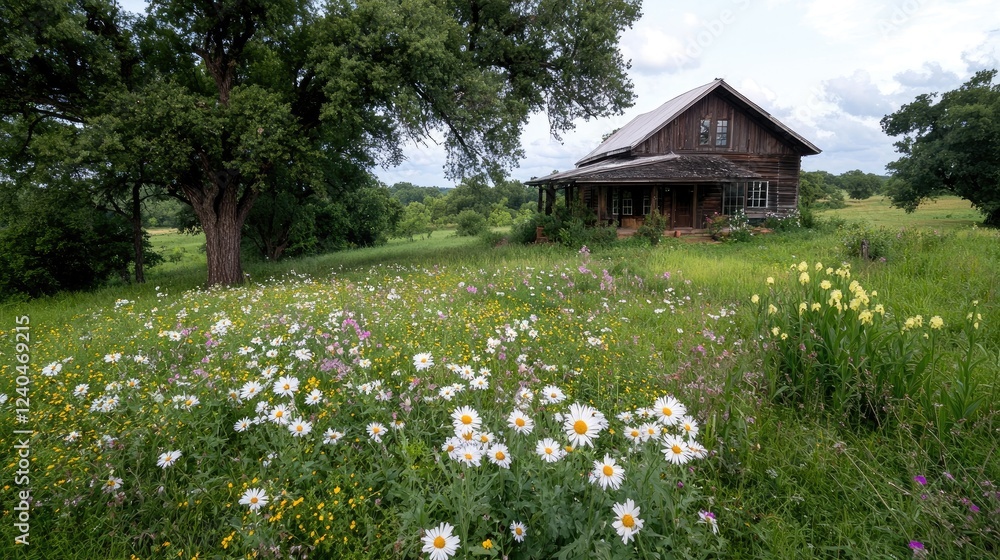 Rustic farmhouse wildflowers Texas landscape, rural home Rustic farmhouse wildflowers Texas landscape, rural home