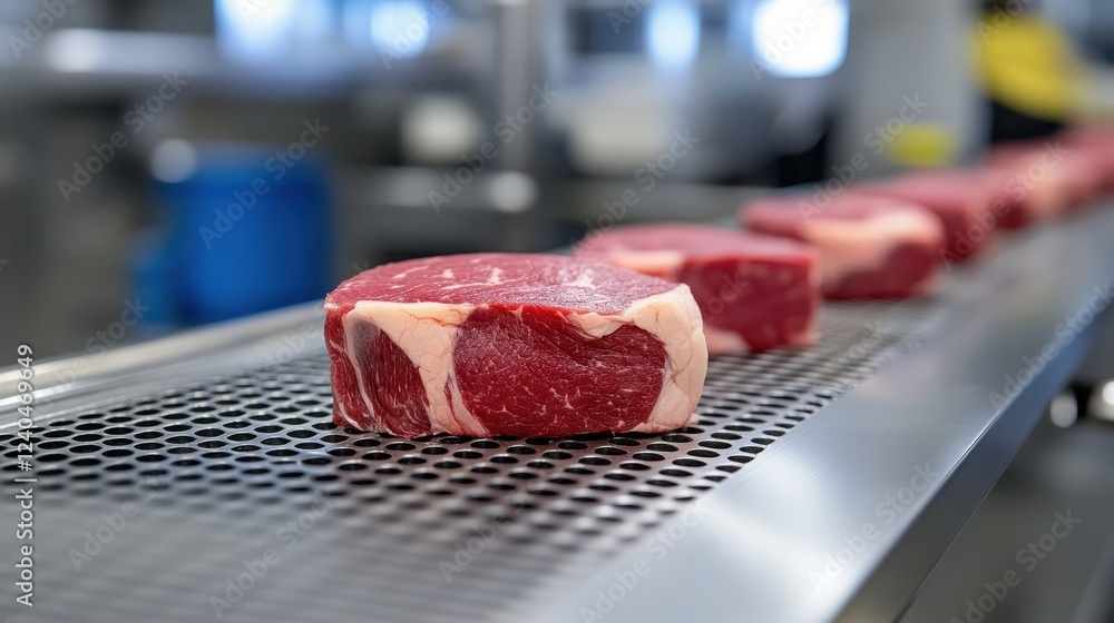 Raw beef steaks on a conveyor belt, in a meat processing factory. Raw beef steaks on a conveyor belt, in a meat processing factory.