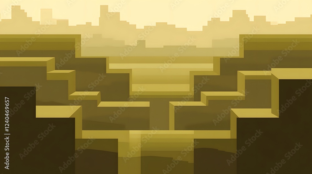 Obraz premium Abstract Pixel Art Cityscape, Geometric Steps and Urban Skyline