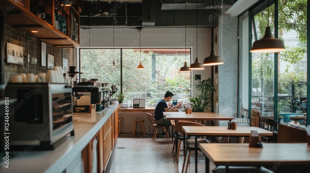 Serene Coffee Shop: A Man Relaxes with a Drink by the Window Serene Coffee Shop: A Man Relaxes with a Drink by the Window