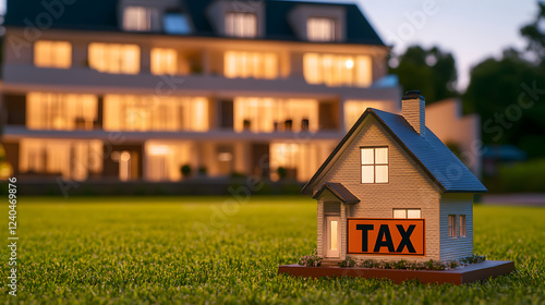 Miniature house with 'tax' sign, symbolizing property tax appraisal. photo