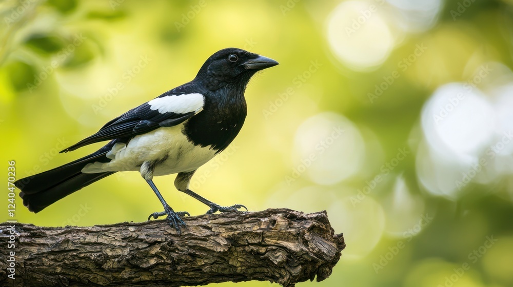 Fototapeta premium Magpie with its black-and-white plumage standing on a tree branch.