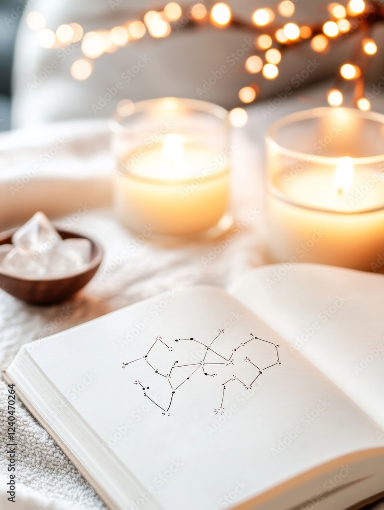 Boho-Chic Horoscope Corner Cozy Soft Textiles with Open Notebook and Candles - Esoteric Mood for Contemporary Wellness and Spiritual Content Creation Boho-Chic Horoscope Corner Cozy Soft Textiles with Open Notebook and Candles - Esoteric Mood for Contemporary Wellness and Spiritual Content Creation