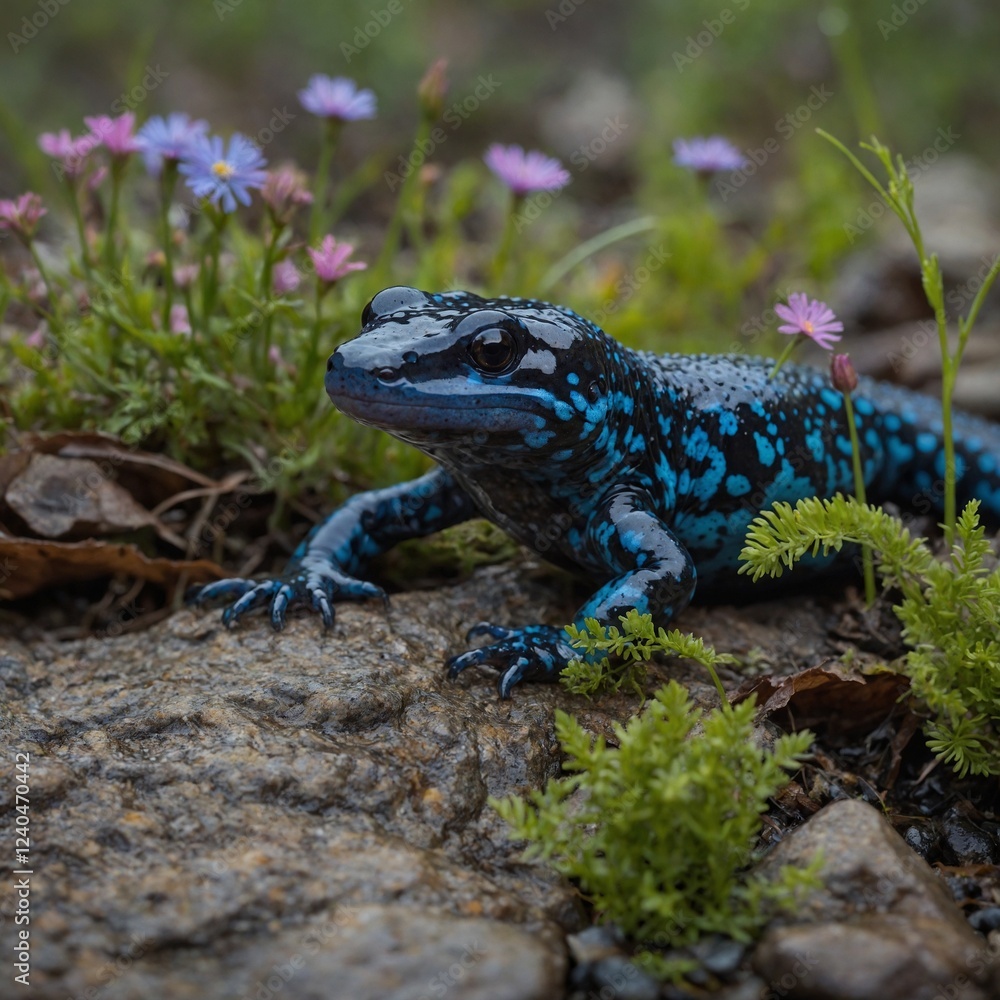 Fototapeta premium Blue-Spotted Salamander on a Rocky Path. Lizard on the stone. 