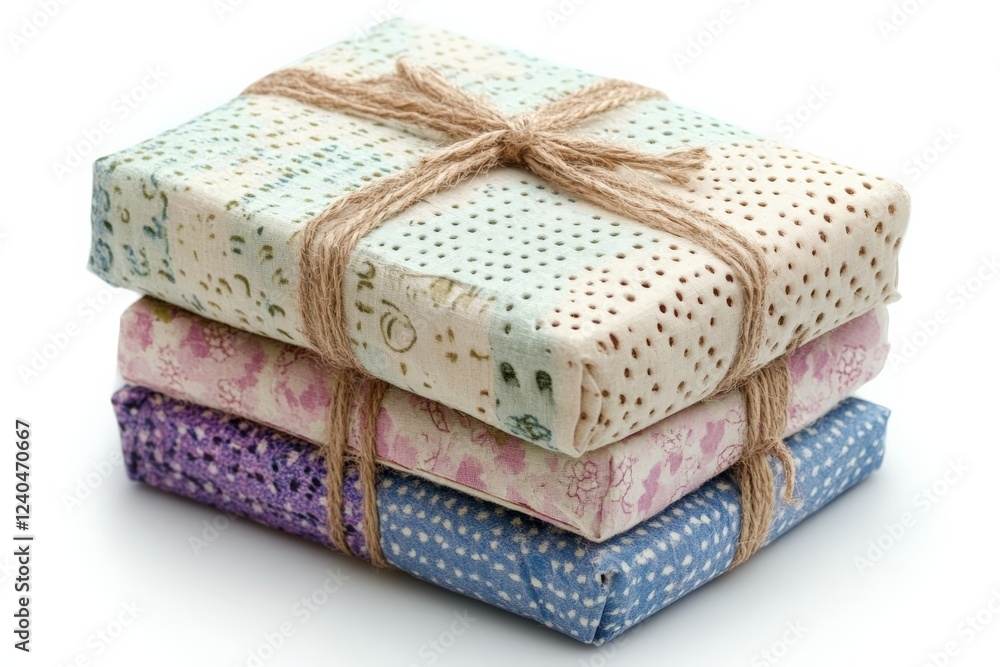 Colorful wrapped gifts stacked neatly on a white background ready for celebration Colorful wrapped gifts stacked neatly on a white background ready for celebration