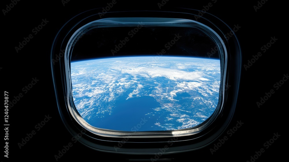 Naklejka premium The vivid blue of Earth contrasted with the dark void of space, seen through a spaceship window