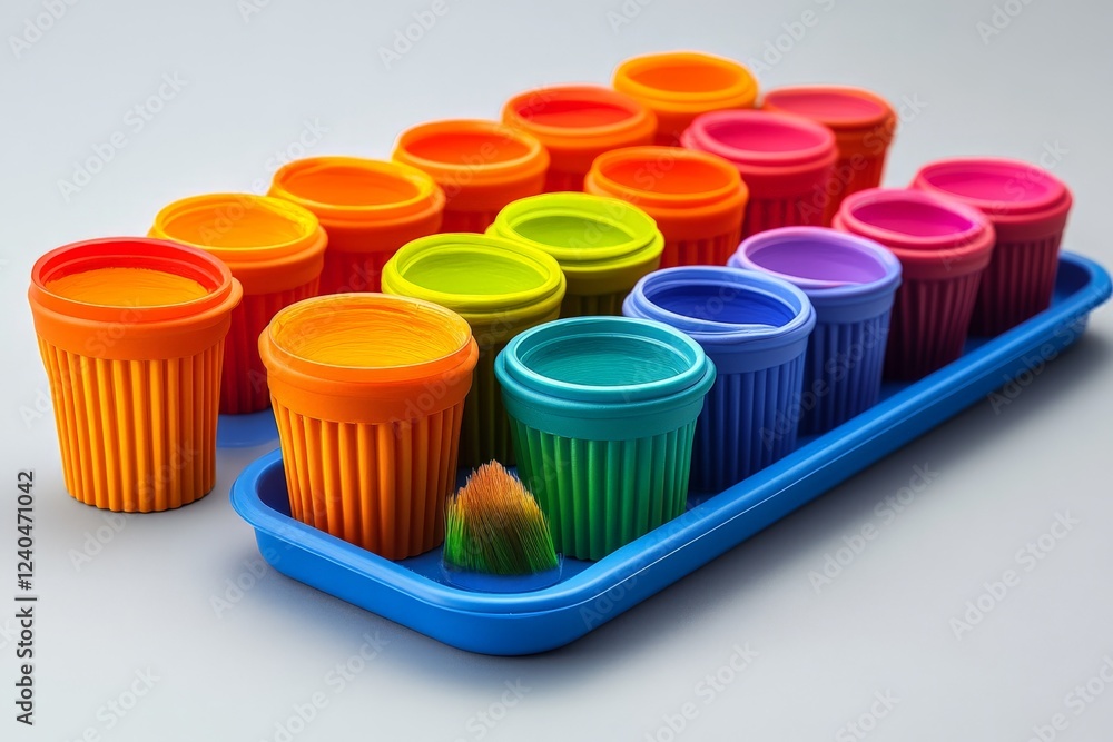 Colorful paint containers arranged neatly on a blue tray ready for creative art projects Colorful paint containers arranged neatly on a blue tray ready for creative art projects