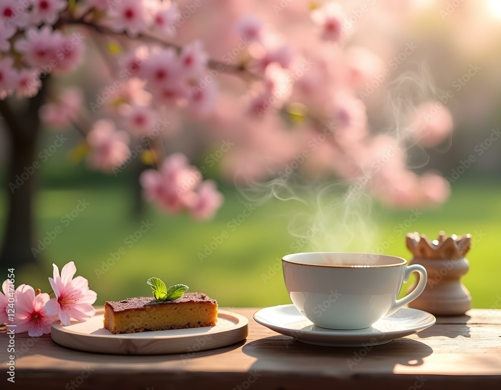 Springtime Tea and CakeA park with cherry blossoms in full bloom with a cup of matcha and dessert Springtime Tea and CakeA park with cherry blossoms in full bloom with a cup of matcha and dessert