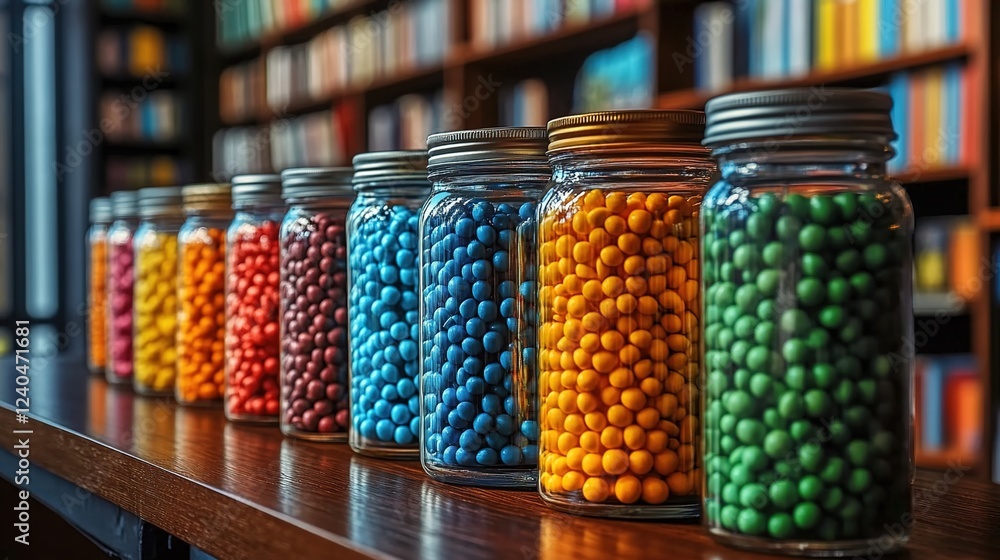 A line of colorful candy jars, each filled with different colors and shapes of candies, lined up on the counter in front of shelves full of books. A line of colorful candy jars, each filled with different colors and shapes of candies, lined up on the counter in front of shelves full of books.