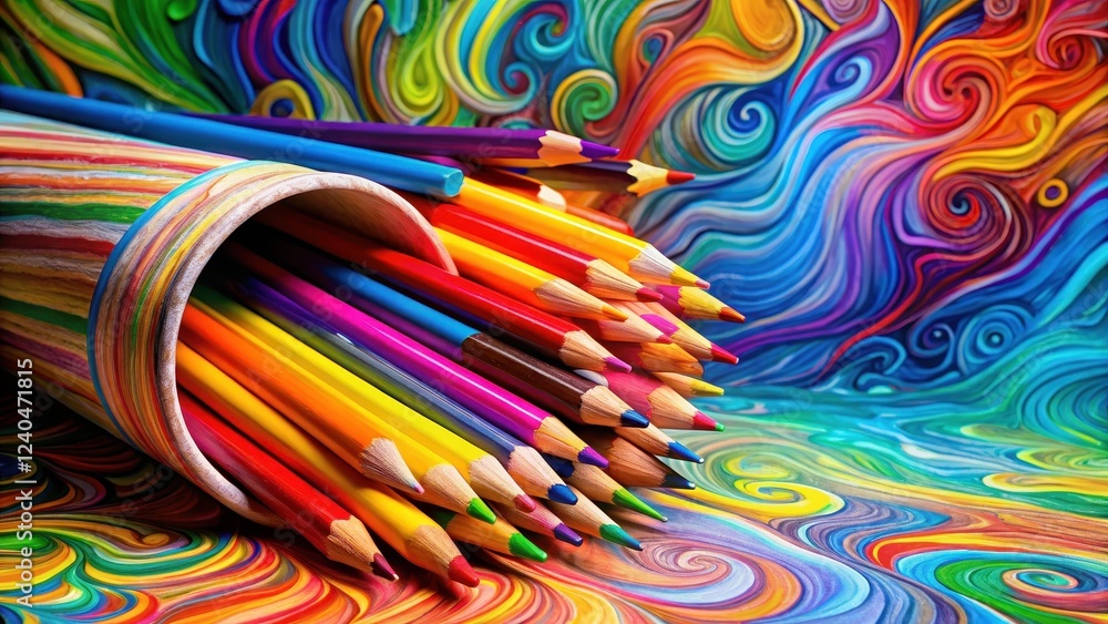 A rainbow of colored pencils spilling out of a container on a bright and bold background with swirling patterns and textures , art studio, art supply mess A rainbow of colored pencils spilling out of a container on a bright and bold background with swirling patterns and textures , art studio, art supply mess