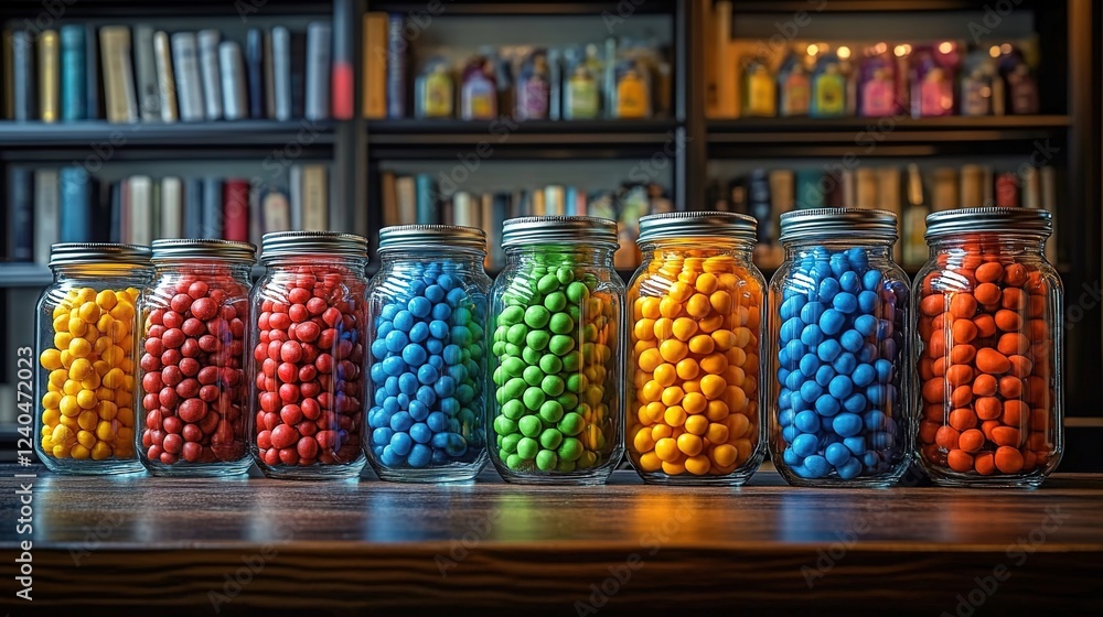 A line of colorful candy jars, each filled with different colors and shapes of candies, lined up on the counter in front of shelves full of books. A line of colorful candy jars, each filled with different colors and shapes of candies, lined up on the counter in front of shelves full of books.