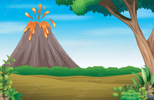 Jungle background with volcano erupting illustration