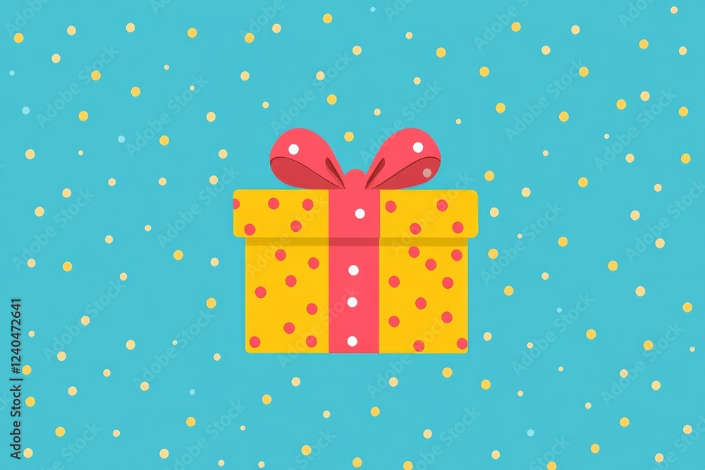 Fototapeta premium Colorful gift box with ribbon against a bright blue background with scattered dots in a festive setting