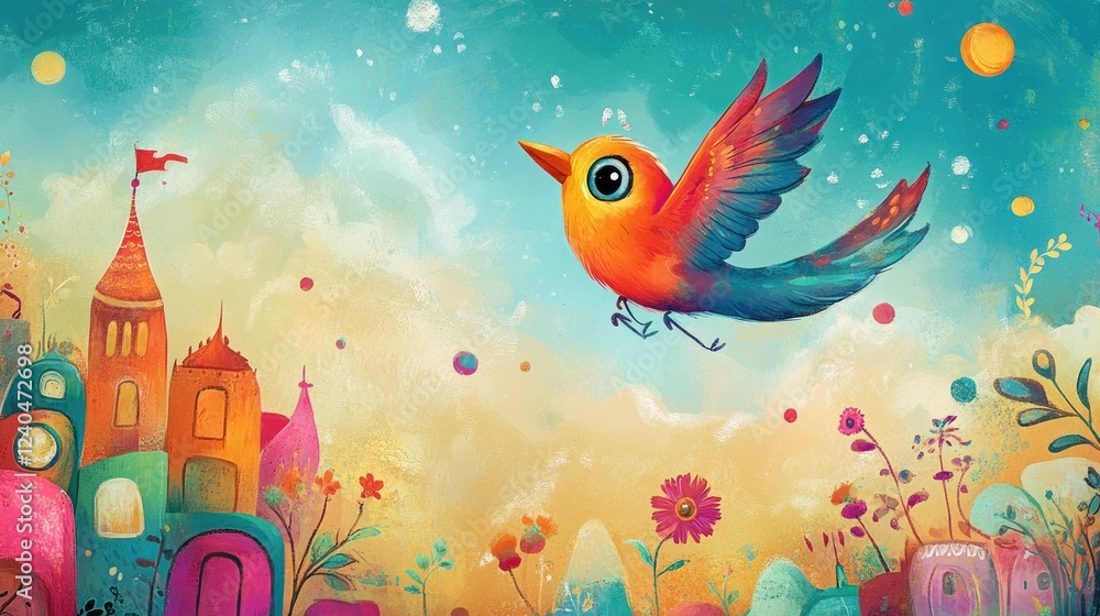 Fototapeta premium Whimsical bird flying over a colorful children's world, filled with playful elements and a joyful atmosphere