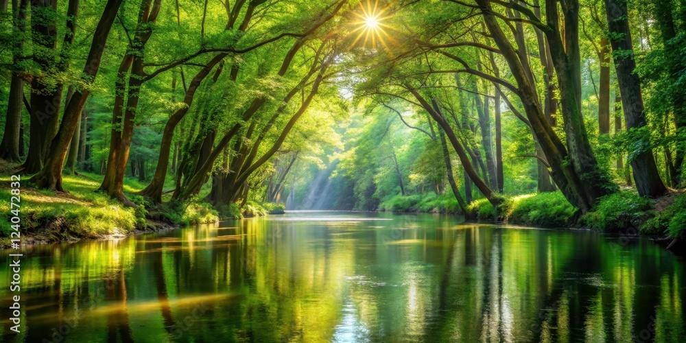 Serene river meanders through a verdant forest of tall trees with sunlight filtering through the canopy above, creating a dappled effect on the water's surface , serene, water Serene river meanders through a verdant forest of tall trees with sunlight filtering through the canopy above, creating a dappled effect on the water's surface , serene, water