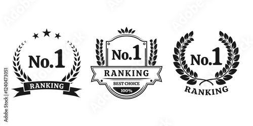 No. 1 rank icon set. Ranking award with laurel wreath. First place emblem. Number 1, Best choice label or badge. Vector illustration.