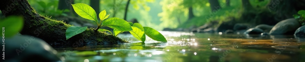 Leafy branches submerged in shallow river water, forest, aquatic, rivers Leafy branches submerged in shallow river water, forest, aquatic, rivers