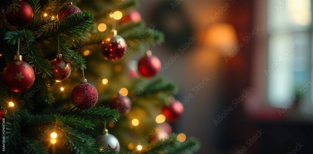 Background of Christmas Tree with Sparkling Lights, soft focus, decorations, ornaments Background of Christmas Tree with Sparkling Lights, soft focus, decorations, ornaments