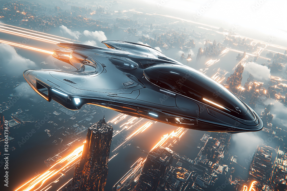 Futuristic Spaceship Soaring Over a Neon Cityscape Futuristic Spaceship Soaring Over a Neon Cityscape