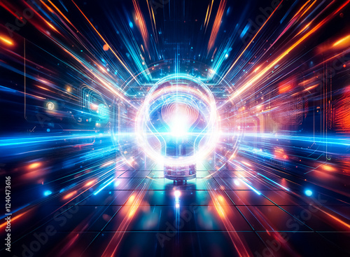 Wallpaper Mural A glowing lightbulb, vibrant with neon energy, sits at the center of a futuristic, technological corridor.  Its illumination suggests innovation and brilliance within a digital realm. Torontodigital.ca