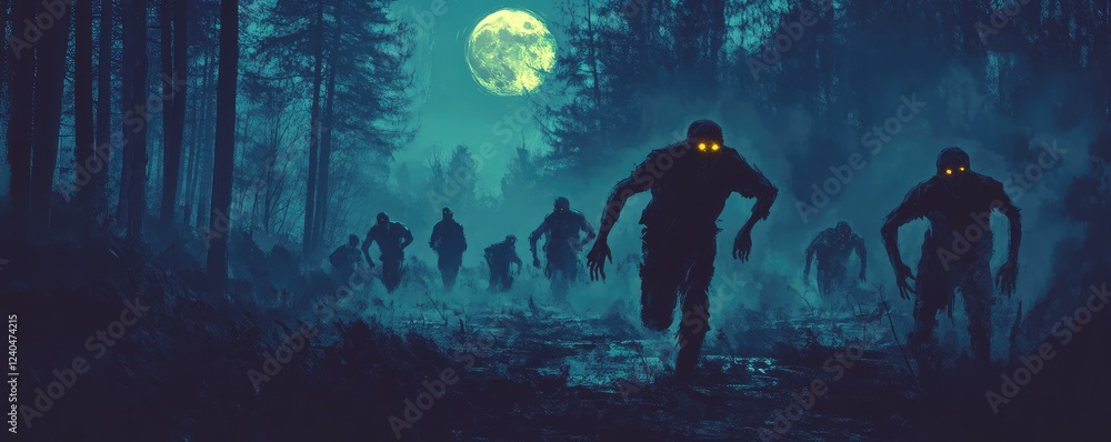 Obraz premium Haunting zombies approach under the full moon's glow