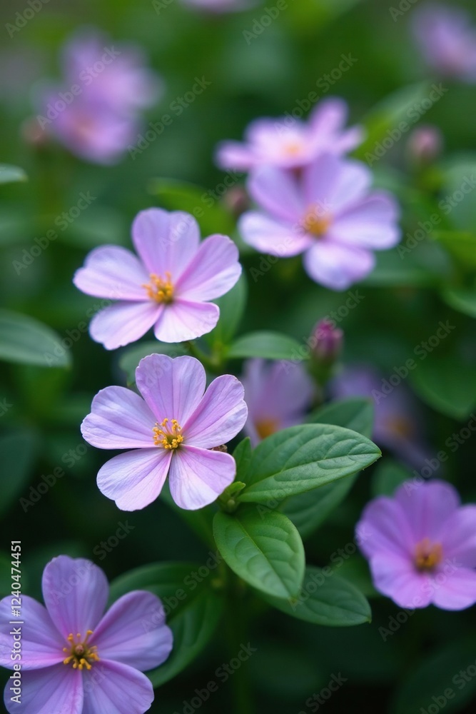 Pastel purple blooms amidst lush green foliage, flowers, blooming flowers, green leaves Pastel purple blooms amidst lush green foliage, flowers, blooming flowers, green leaves