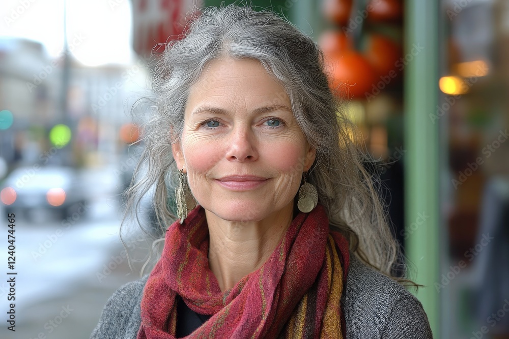 Portrait of a woman with long gray hair wearing a colorful scarf, standing outside in a busy urban street during daylight Portrait of a woman with long gray hair wearing a colorful scarf, standing outside in a busy urban street during daylight