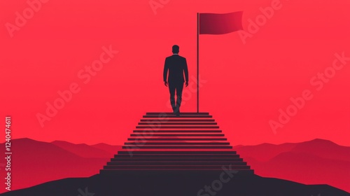 Business success concept. Businessman Climbing Stairs to Raise Flag on Mountain Summit photo