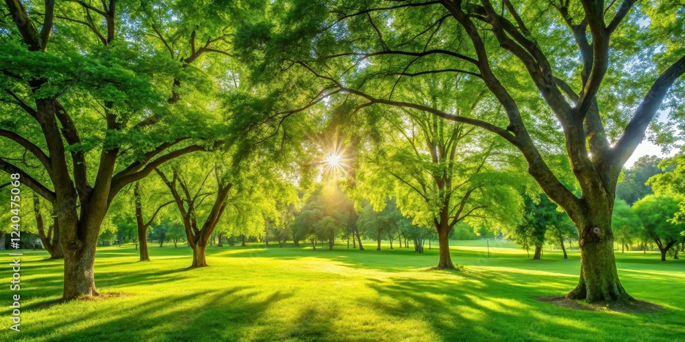 Naklejka premium A serene green park on a sunny day with sunlight filtering through the trees creating dappled shade and vibrant green foliage, blurred landscape, verdant environment
