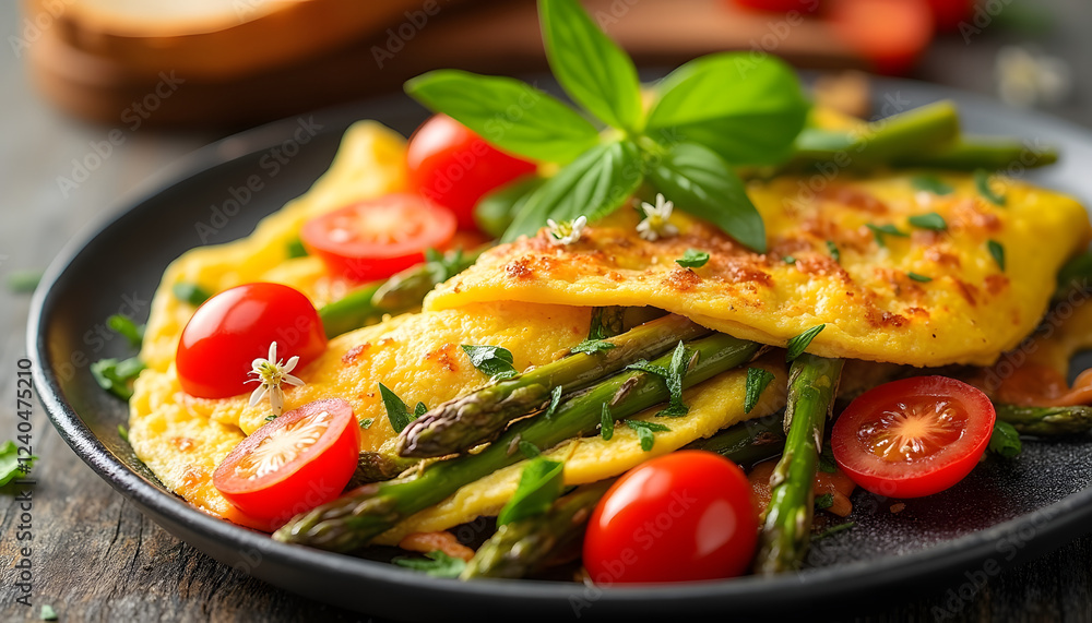 Omelette with asparagus and cherry tomatoes: Colorful omelette with roasted asparagus and cherry tomatoes, garnished with fresh herbs and served for breakfast with toast. Omelette with asparagus and cherry tomatoes: Colorful omelette with roasted asparagus and cherry tomatoes, garnished with fresh herbs and served for breakfast with toast.