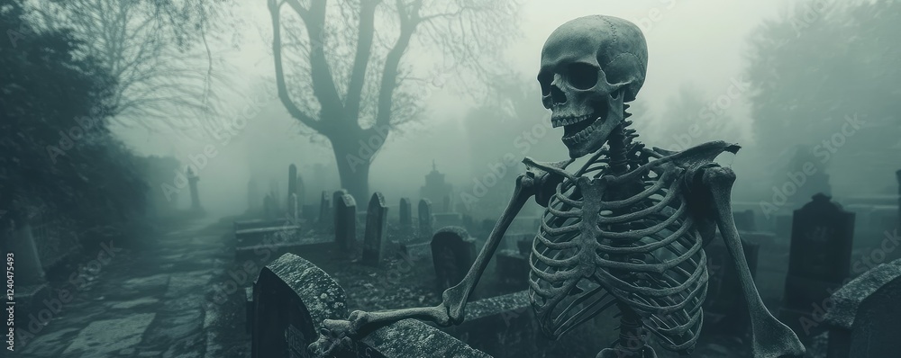 Fototapeta premium Creepy, eerie skeleton towering over misty graveyard.