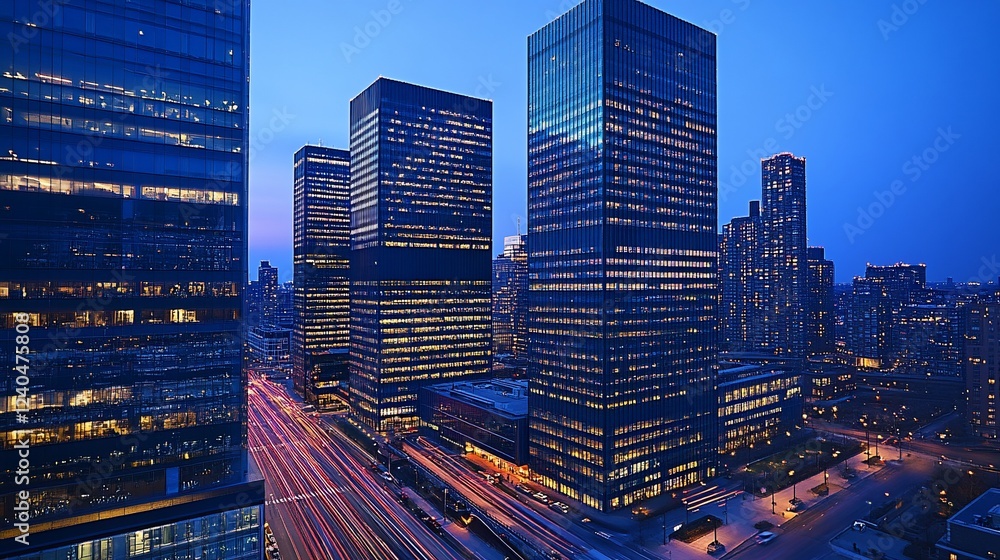 Obraz premium Nighttime Cityscape with Illuminated Skyscrapers and Streaks of Light from Traffic